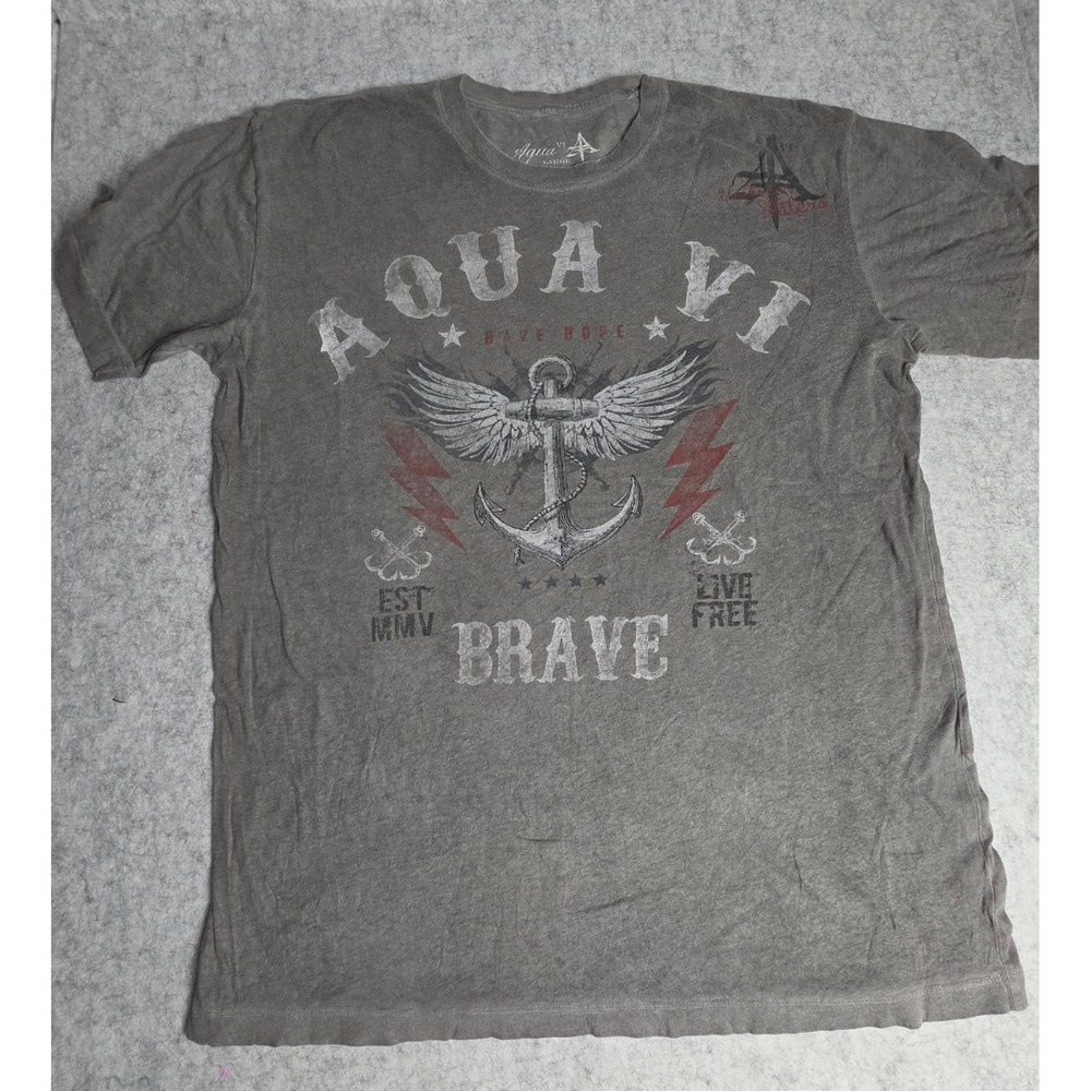 Aqua VI Graphic Tee Mens Large Grey Y2K Grunge Anchor Wings Brave MMA T-Shirt